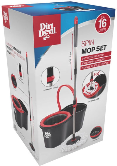 Ensemble de vadrouille Dirt Devil - Vadrouille rotative à 360 degrés - Tige extensible - Manche en acier inoxydable - Seau avec panier d'essorage - 16 litres - Noir Rouge