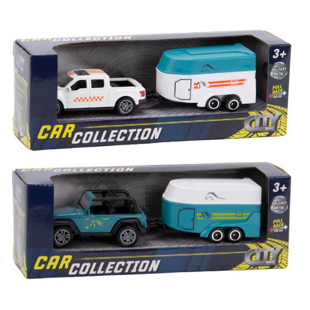 Pick-up moulé sous pression de collection de voitures de ville avec remorque à chevaux 1:50 assorti