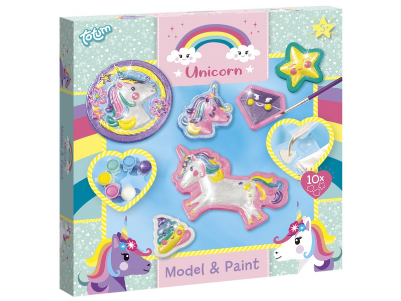 Figurines en plâtre de licorne Totum coulées et peintes - ensemble artisanal 10 figurines - jouets créatifs à partir de 5 ans avec peinture aux couleurs de l'arc-en-ciel