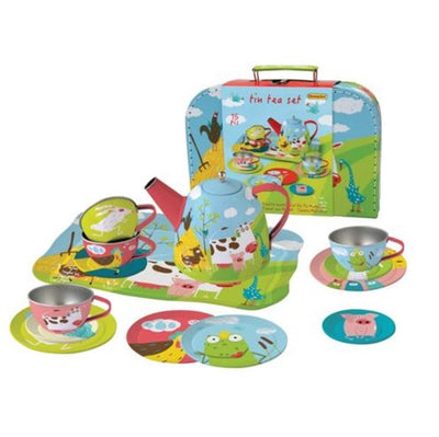 Simplement pour les enfants simplement pour le thé en métal de thé dans une valise avec des animaux de ferme 15 pièces