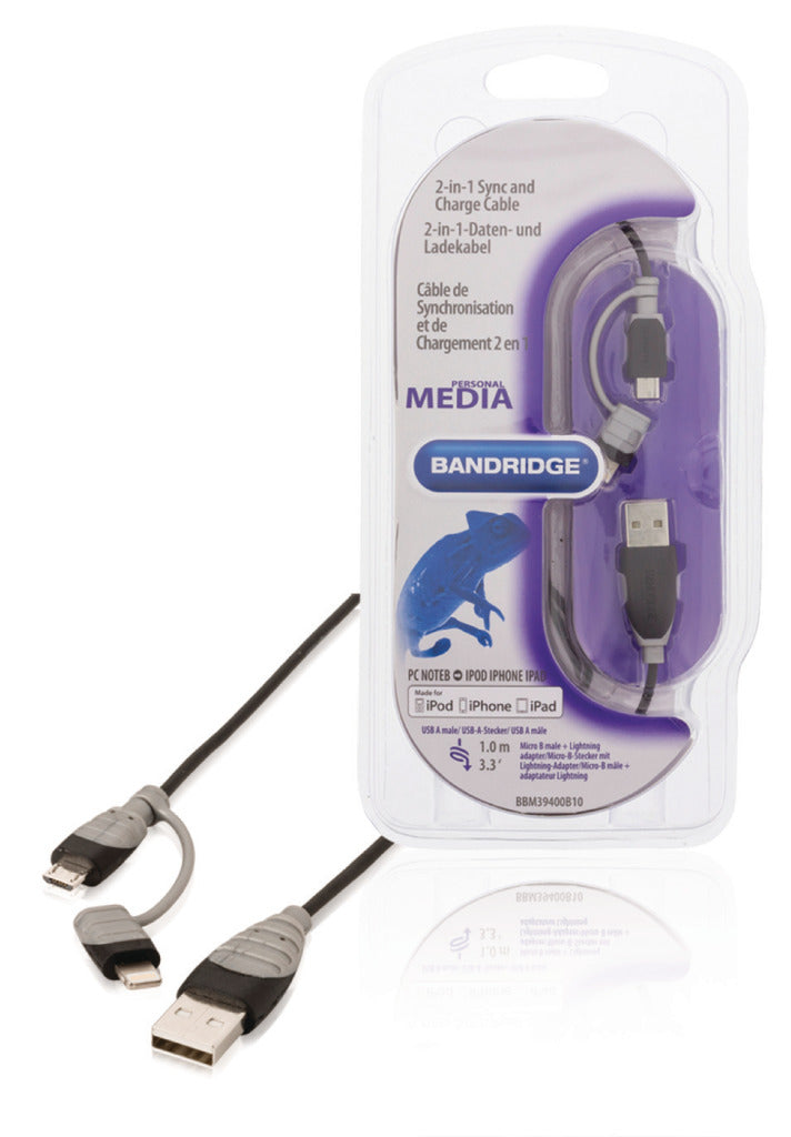 Bandridge Bandridge BBM39400B10 Données 2-en-1 et câble de charge USB Micro-B Male + LightningAdapter Un mâle 1,00 m noir