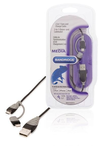 Bandridge Bandridge BBM39400B10 Données 2-en-1 et câble de charge USB Micro-B Male + LightningAdapter Un mâle 1,00 m noir