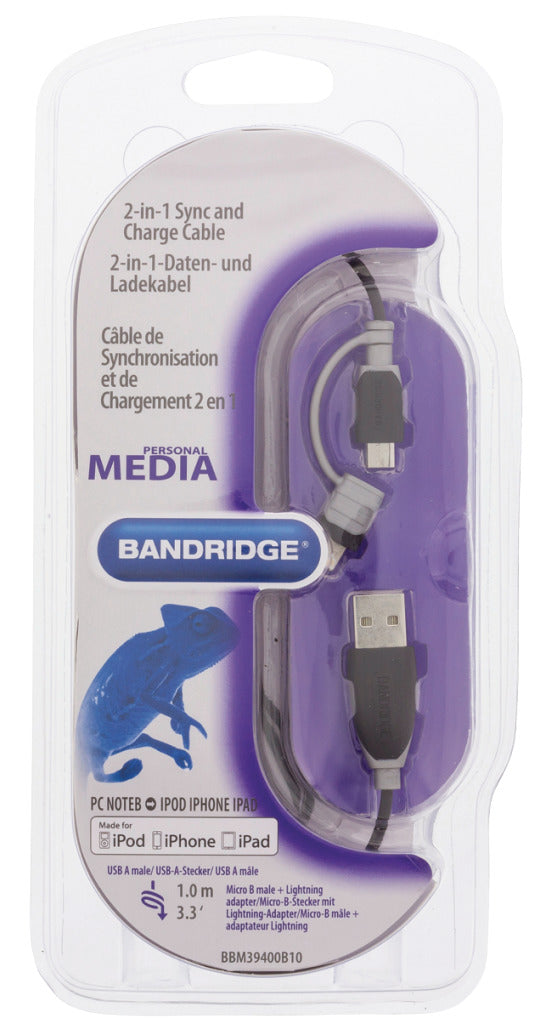 Bandridge Bandridge BBM39400B10 Données 2-en-1 et câble de charge USB Micro-B Male + LightningAdapter Un mâle 1,00 m noir
