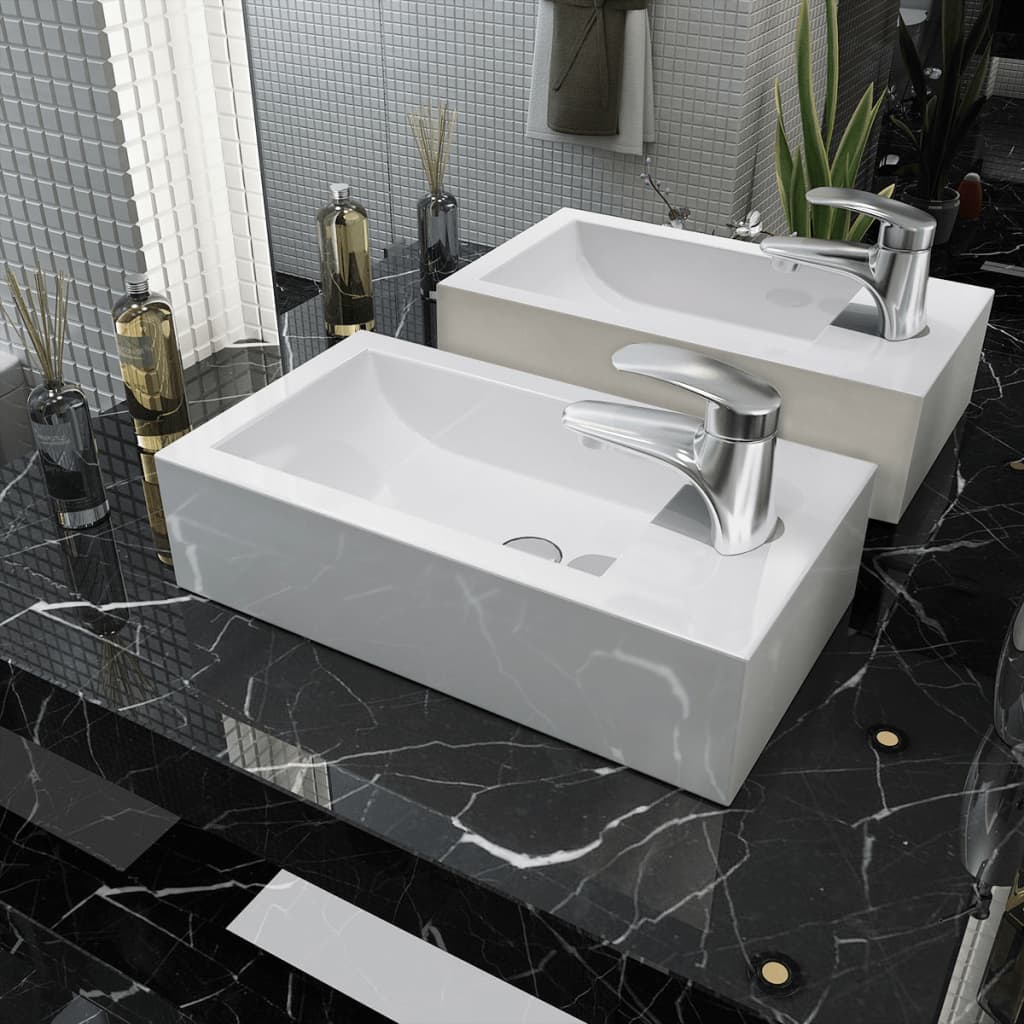 Vidaxl Washingin avec trou de grue blanc rectangulaire 46x25.5x12 cm céramique