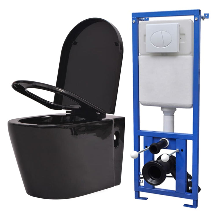 Vidaxl Toilet suspendu avec citerne cachée noire en céramique