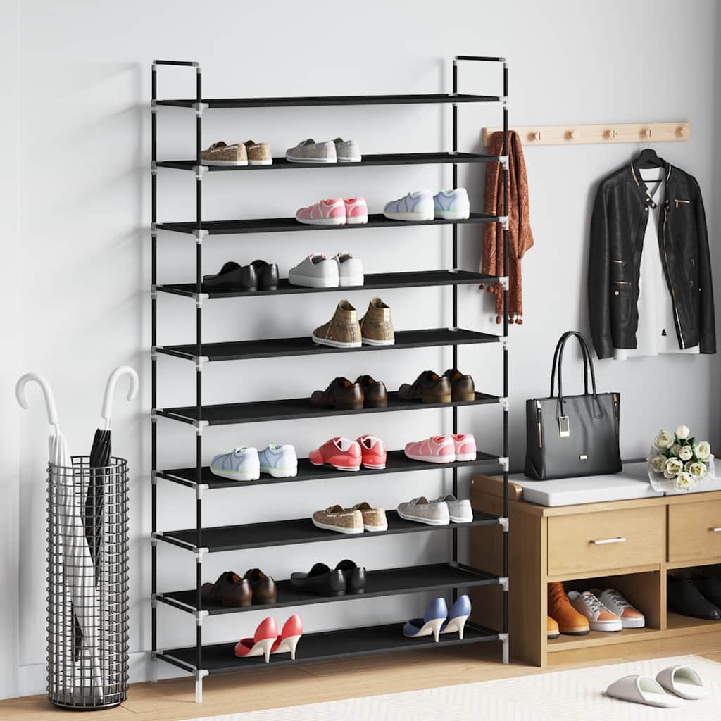 Rack de chaussures Vidaxl avec 10 étagères de métal et de tissu découvert noir