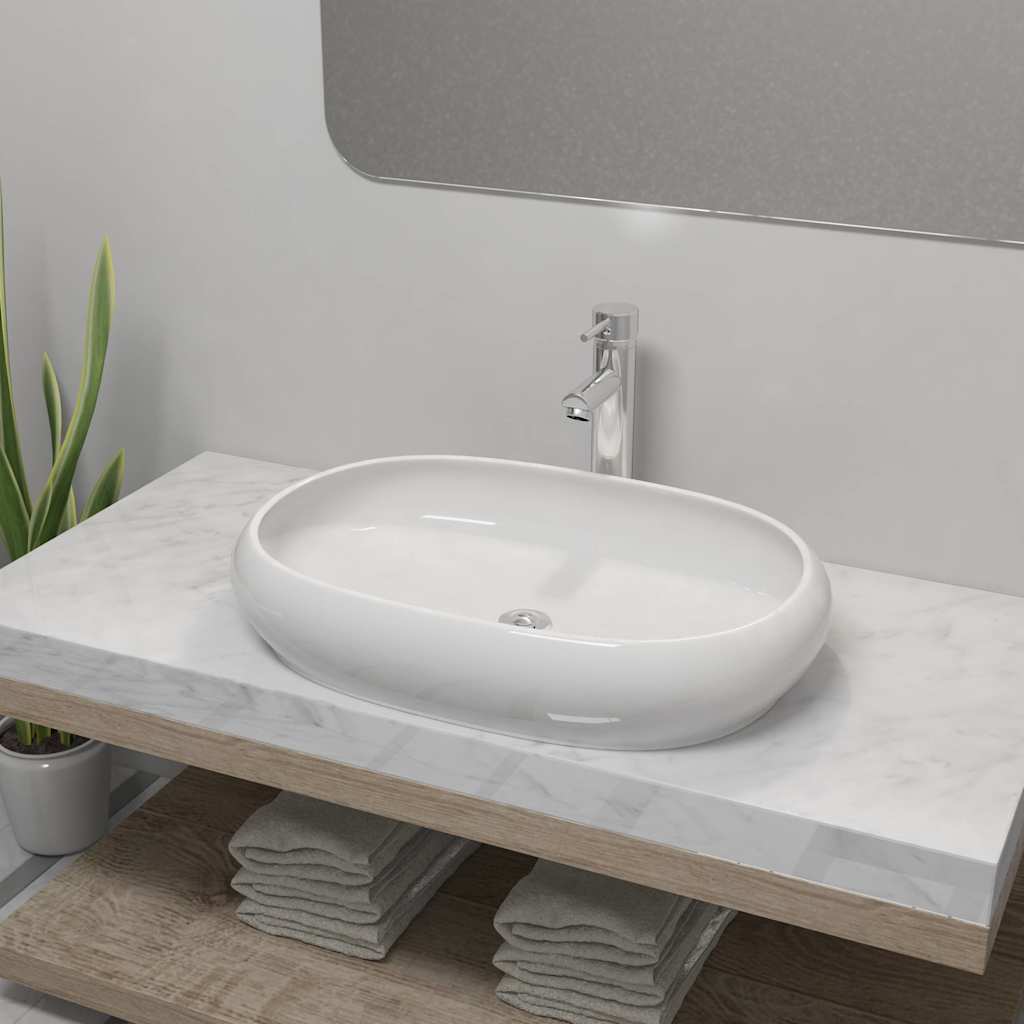 Vidaxl Washingin de salle de bain avec mélange Tap en céramique ovale blanc