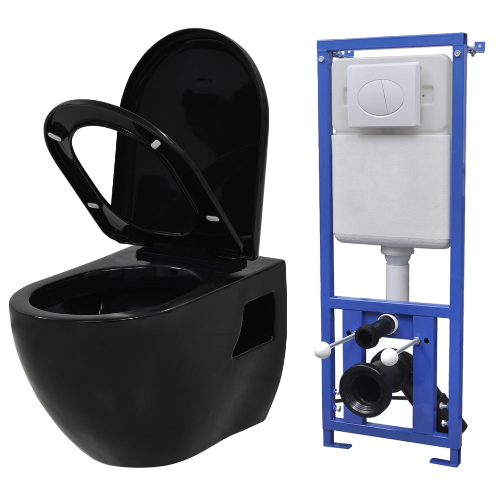 Vidaxl Toilet suspendu avec citerne cachée noire en céramique