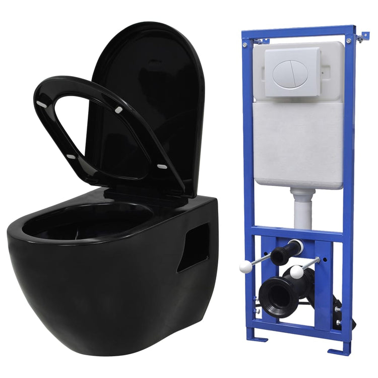 Vidaxl Toilet suspendu avec citerne cachée noire en céramique
