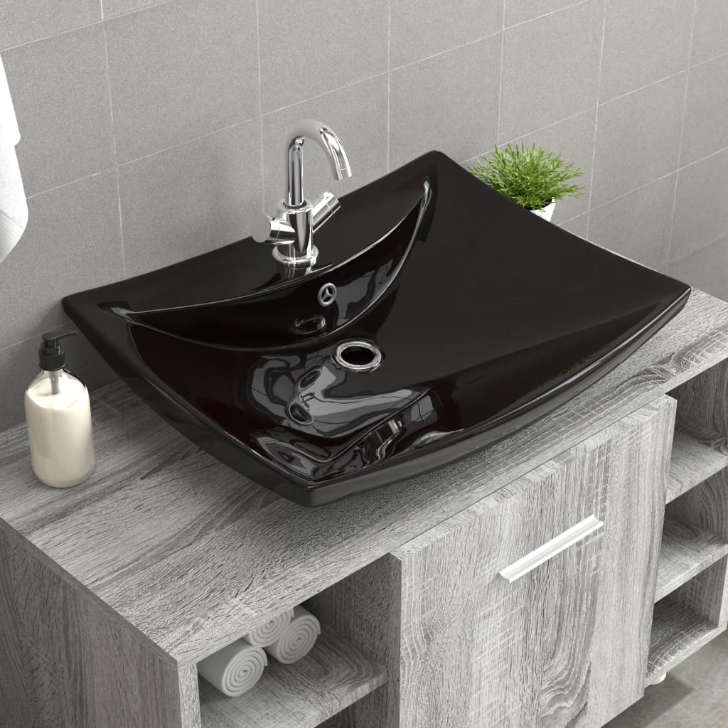 Vidaxl Washingin avec atterrissage et trou de grue en céramique rectangulaire noire