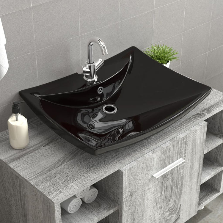 Vidaxl Washingin avec atterrissage et trou de grue en céramique rectangulaire noire