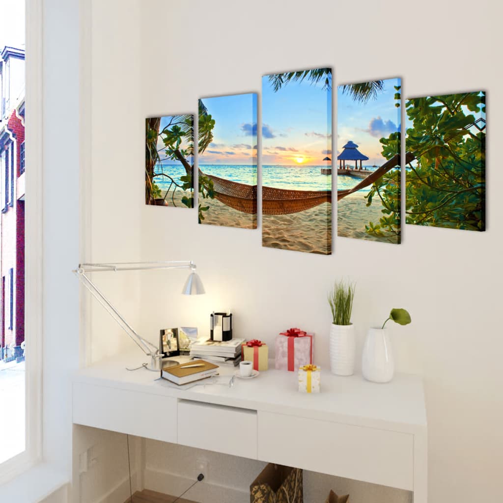 VidaXL ensemble d'impression murale sur toile plage de sable avec hamac 100 x 50 cm