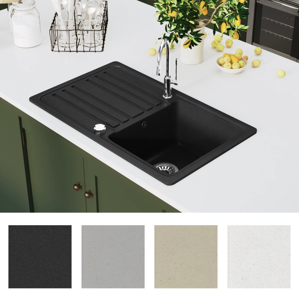 Évier vidaxl granite single évier avec drain réversible noir