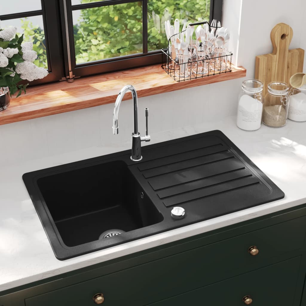 Évier vidaxl granite single évier avec drain réversible noir