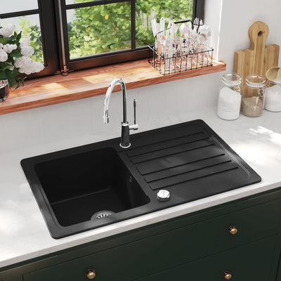 Évier vidaxl granite single évier avec drain réversible noir