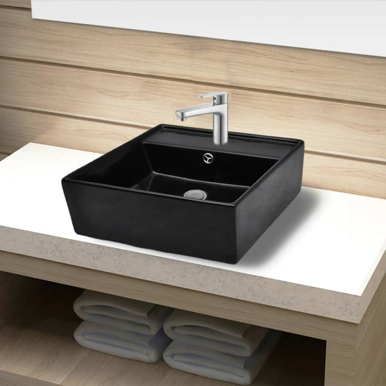 Lavabo Vidaxx avec trou pour robinetterie et trop-plein carré noir en céramique