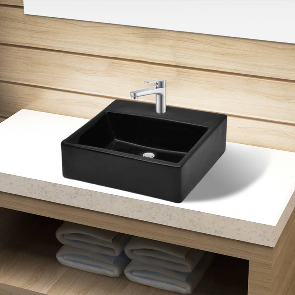 Vidaxl Washingin avec trou de grue Céramique carré noir