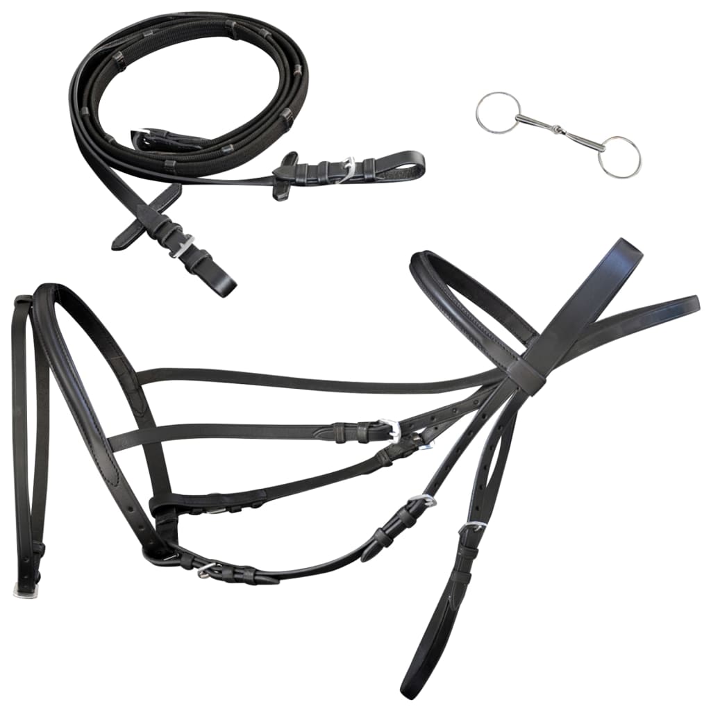 Vidaxl Cuir de bride avec une coulée de dix combinée, des rênes et un poney noir