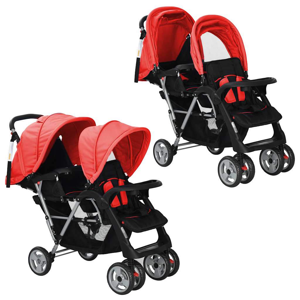 Vidaxl Pram double acier rouge et noir