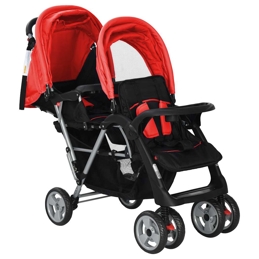 Vidaxl Pram double acier rouge et noir