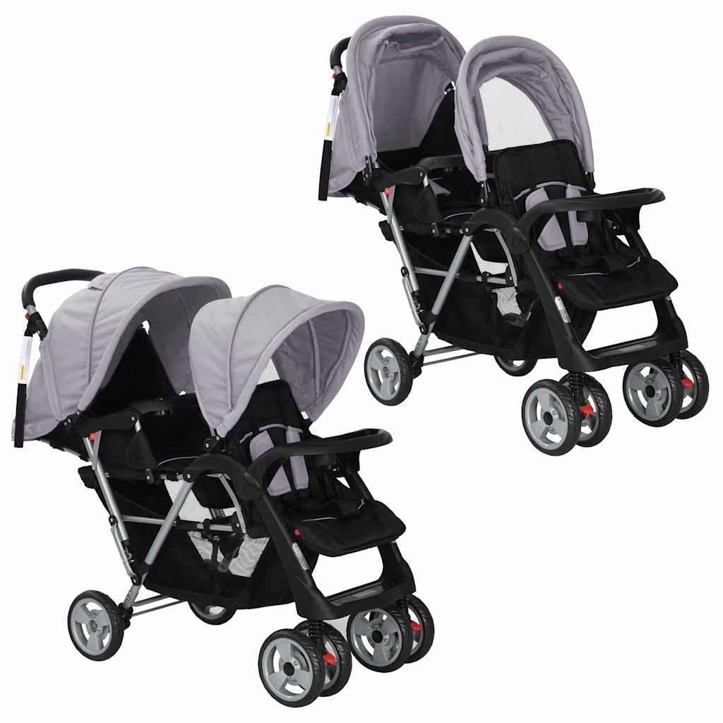 Vidaxl Pram double acier gris et noir