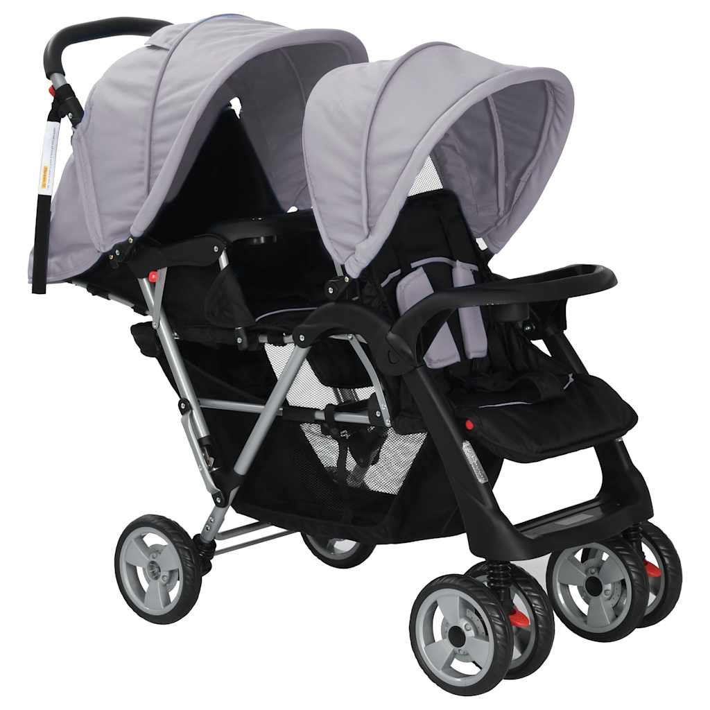 Vidaxl Pram double acier gris et noir