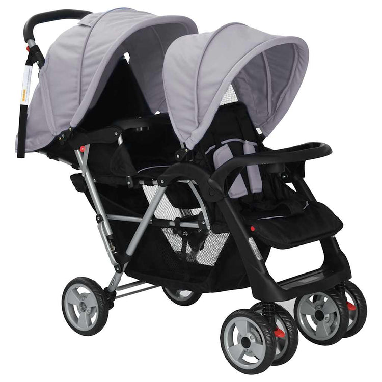 Vidaxl Pram double acier gris et noir
