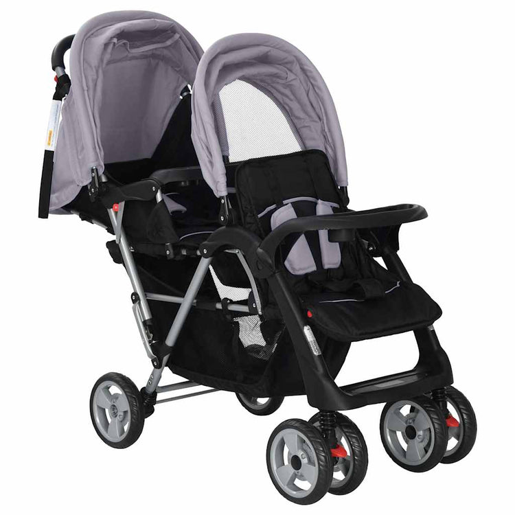 Vidaxl Pram double acier gris et noir