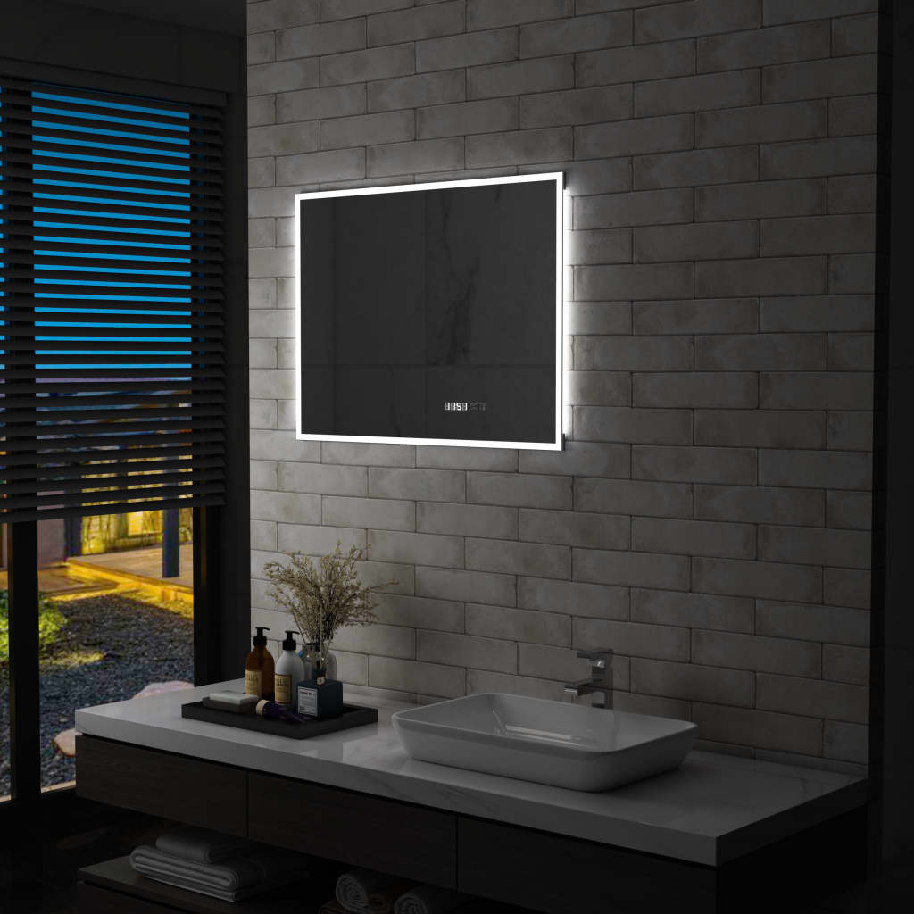 LED de miroir de salle de bain Vidaxl avec capteur tactile et affichage de temps 80x60 cm