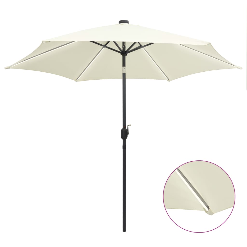 Parasol vidaxl avec éclairage LED et poteau en aluminium 300 cm sableux blanc