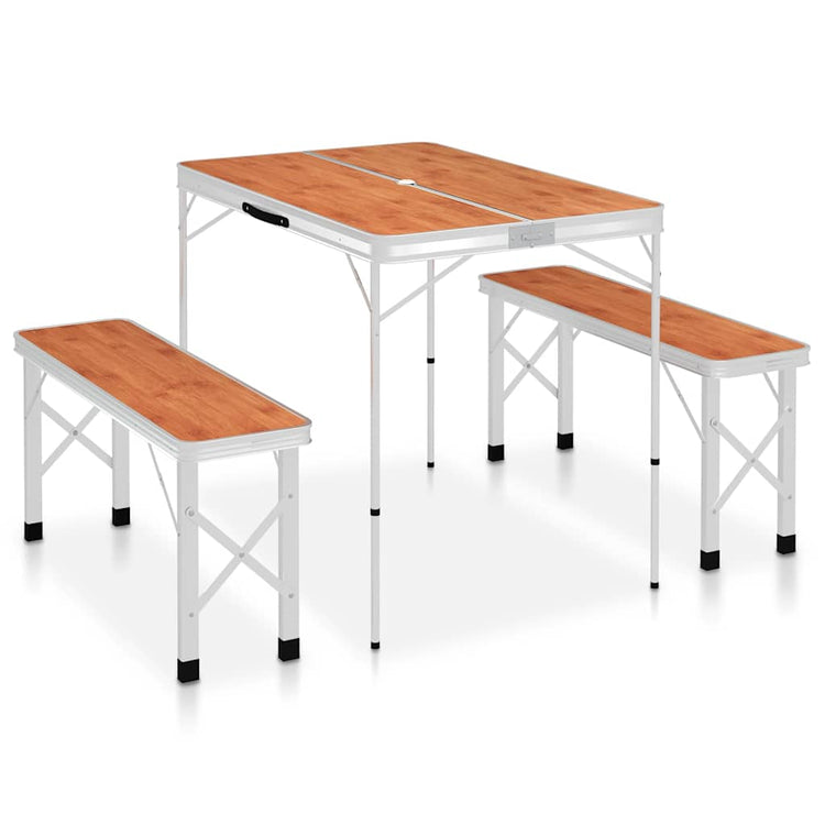 Table de camping vidaxl pliable avec 2 bancs en aluminium brun