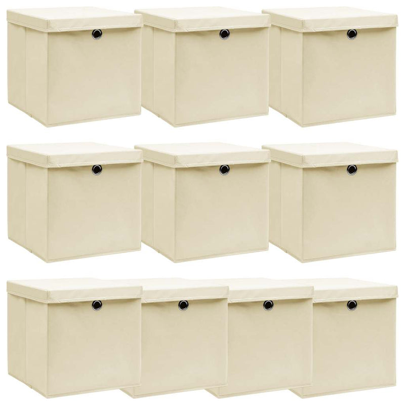 Boîtes de rangement Vidaxl avec couvercle 10 pcs 32x32x32 cm Crème de tissu -colore