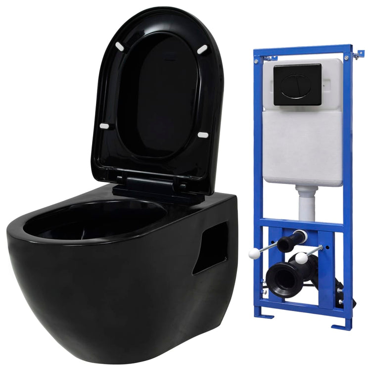 Vidaxl Toilet suspendu avec citerne cachée noire en céramique
