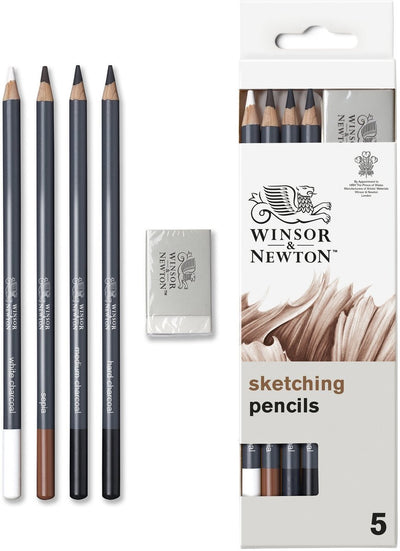 Winsor Newton 0490009 Studio Collection Ensemble de crayons à croquis x5 avec gomme – Crayons à dessin fusain sépia pour croquis