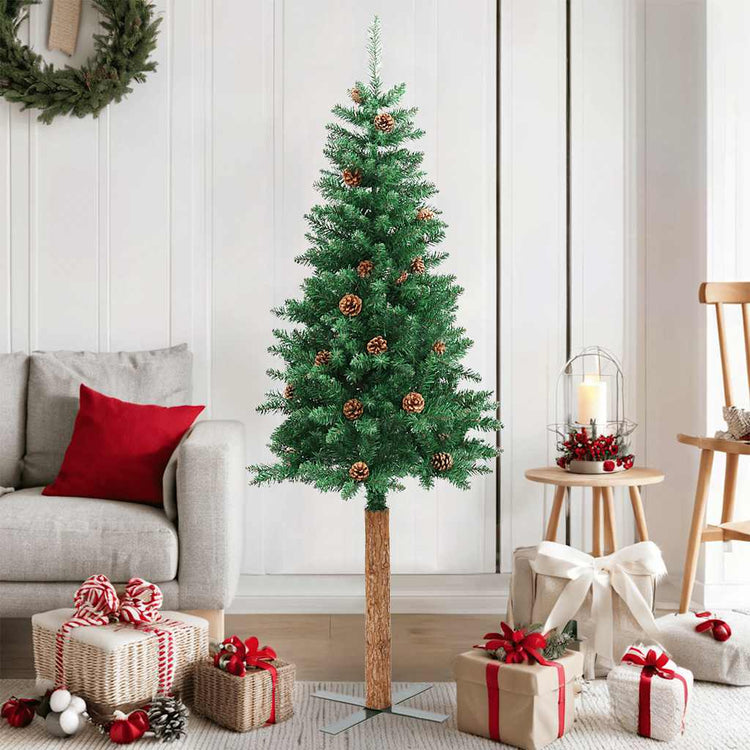 Vidaxl Christmas Tree avec du vrai bois et des cônes de pin étroits de 150 cm en PVC vert