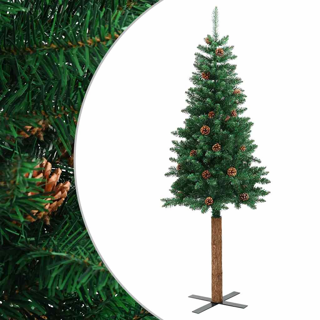 Vidaxx Sapin de Noël avec bois véritable et pommes de pin étroit 180 cm PVC vert