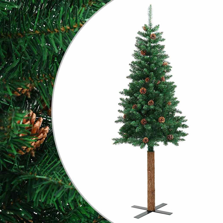 Vidaxx Sapin de Noël avec bois véritable et pommes de pin étroit 180 cm PVC vert