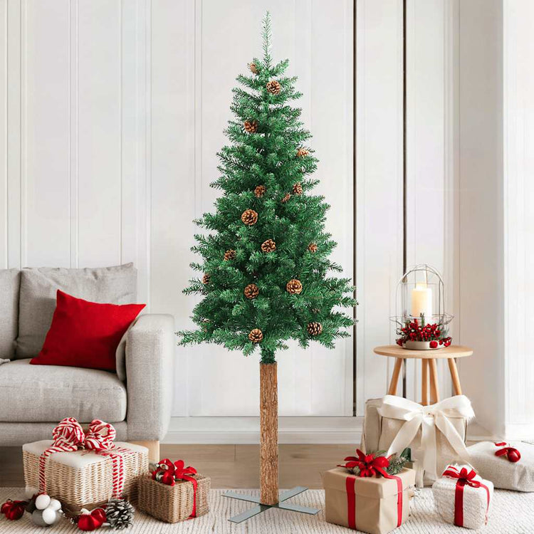 Vidaxx Sapin de Noël avec bois véritable et pommes de pin étroit 180 cm PVC vert