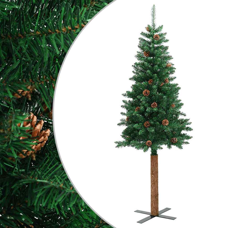 Vidaxx Sapin de Noël avec bois véritable et pommes de pin étroit 210 cm PVC vert