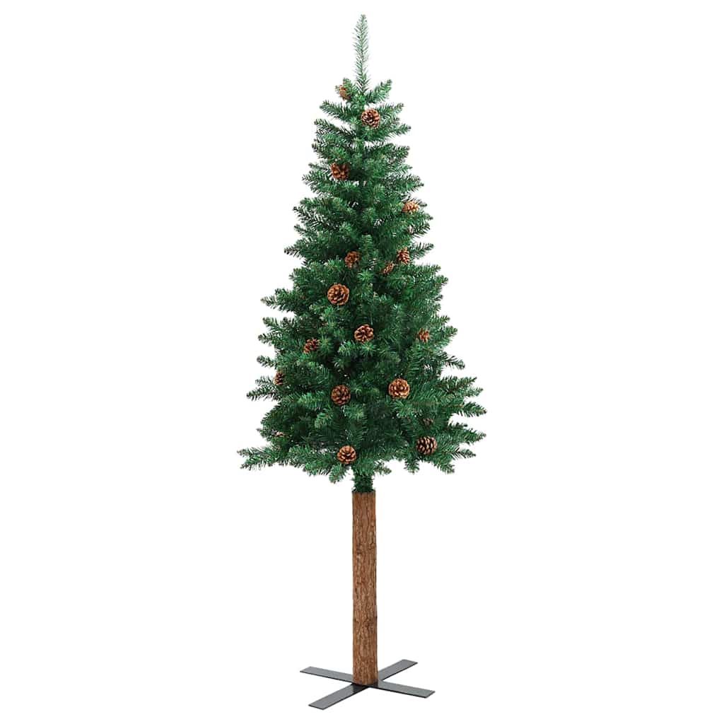 Vidaxx Sapin de Noël avec bois véritable et pommes de pin étroit 210 cm PVC vert