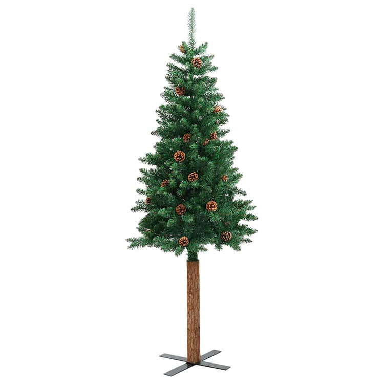 Vidaxx Sapin de Noël avec bois véritable et pommes de pin étroit 210 cm PVC vert