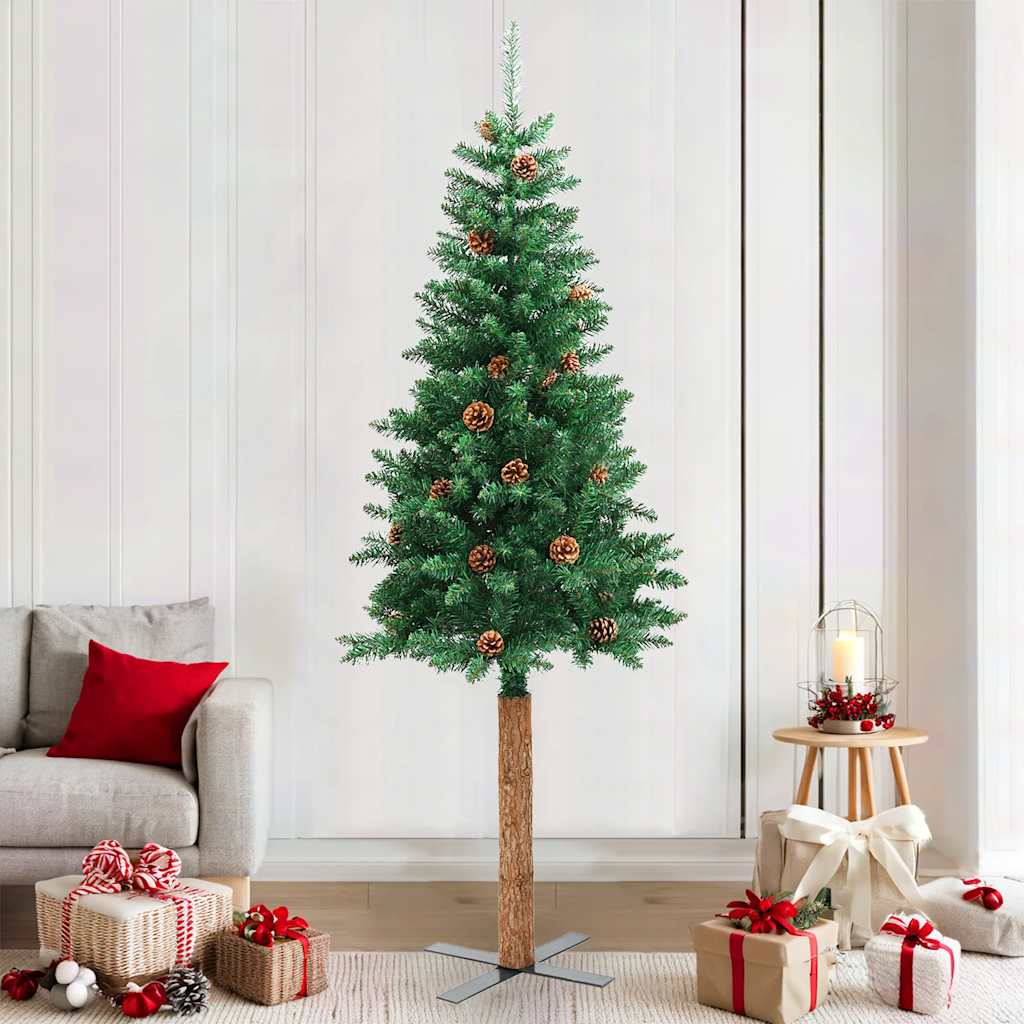 Vidaxx Sapin de Noël avec bois véritable et pommes de pin étroit 210 cm PVC vert