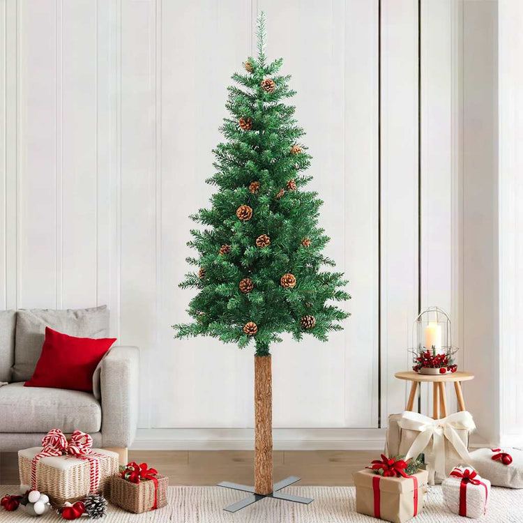 Vidaxx Sapin de Noël avec bois véritable et pommes de pin étroit 210 cm PVC vert