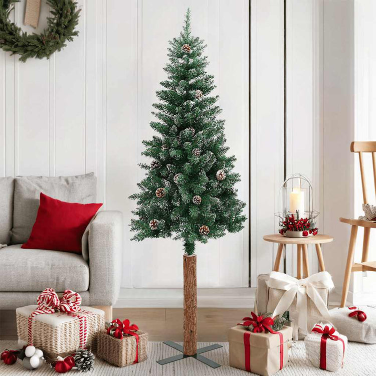 Vidaxl Christmas Tree avec du vrai bois et de la neige étroite 150 cm verts