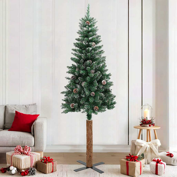 Vidaxl Christmas Tree avec du vrai bois et de la neige étroite 210 cm verts