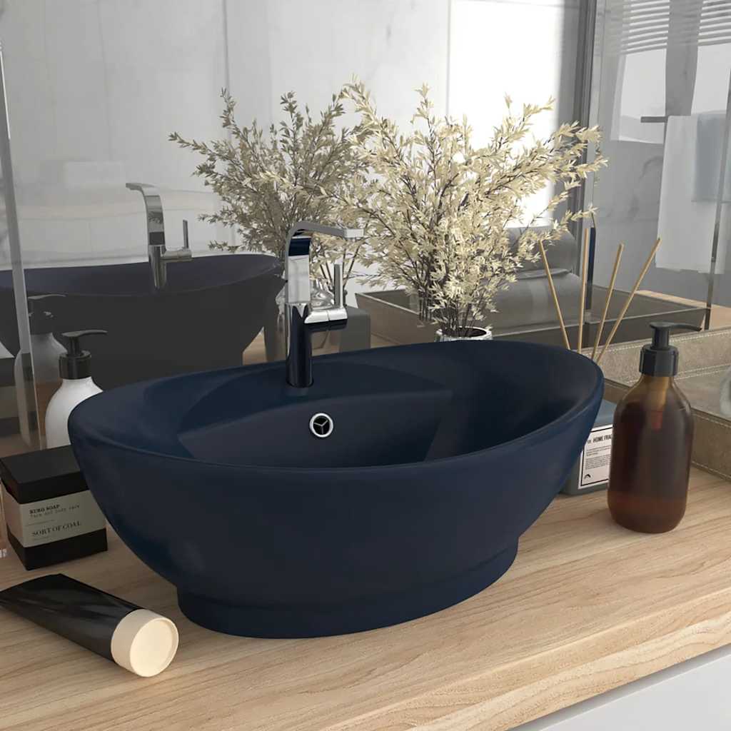 Vidaxl Washingin avec atterrissage ovale 58,5x39 cm Céramique Matt Bleu foncé