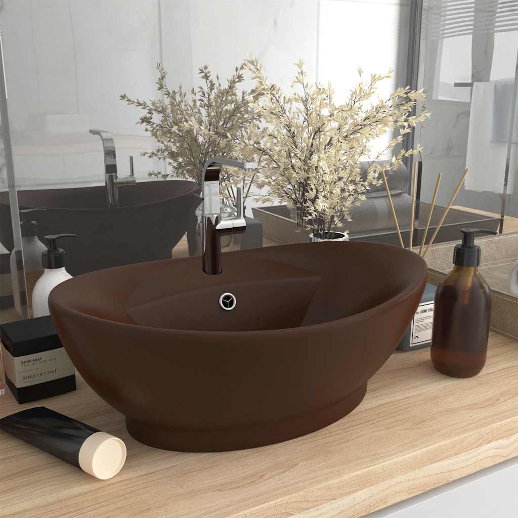 Vidaxl Washingin avec atterrissage ovale 58,5x39 cm en céramique marron foncé