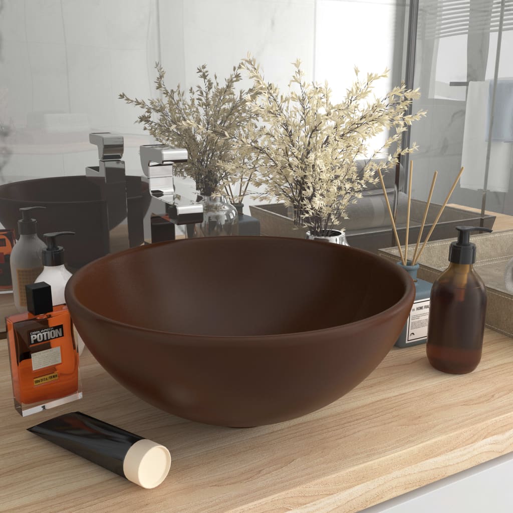 Vidaxl Washbasin Round 32.5x14 cm Cerramic Matt Dark Brown