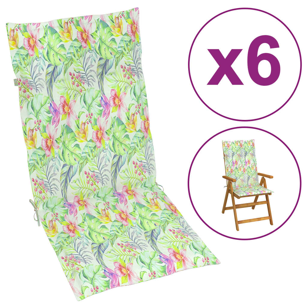 Coussins de chaise de jardin vidaxl 6 st motif de feuille arrière haute 120x50x3 cm tissu
