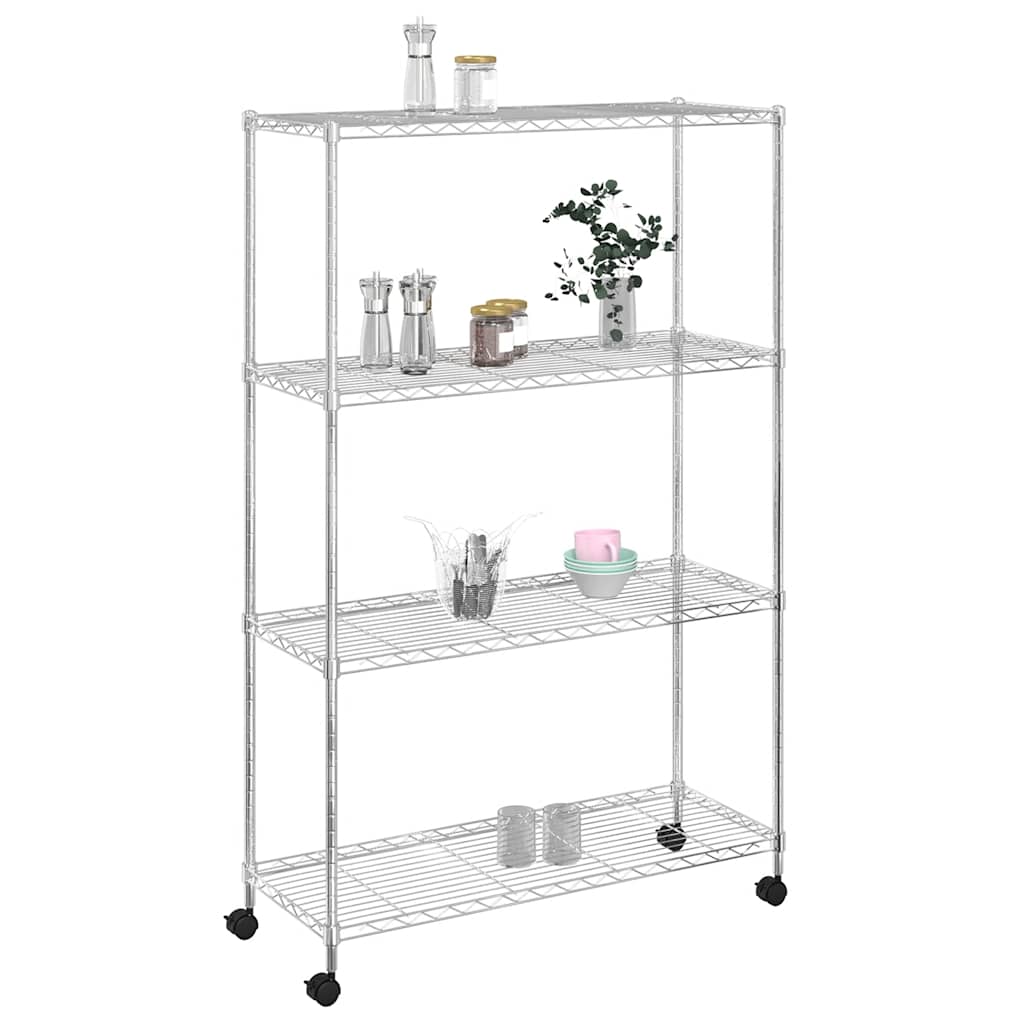 Rack de stockage Vidaxl 4 couches avec roues 200 kg 90x35x142 cm de couleur chromée